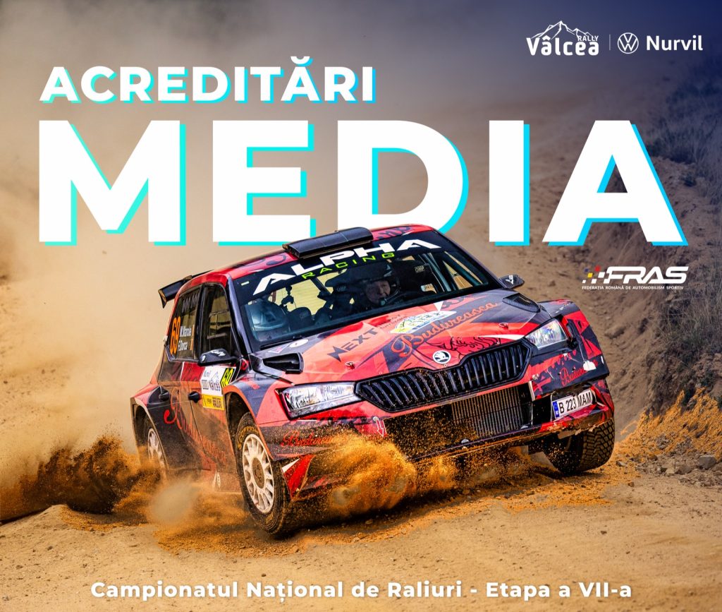 Acreditări media Raliul Vâlcii Nurvil 2026 — mașină de raliu în viraj pe macadam