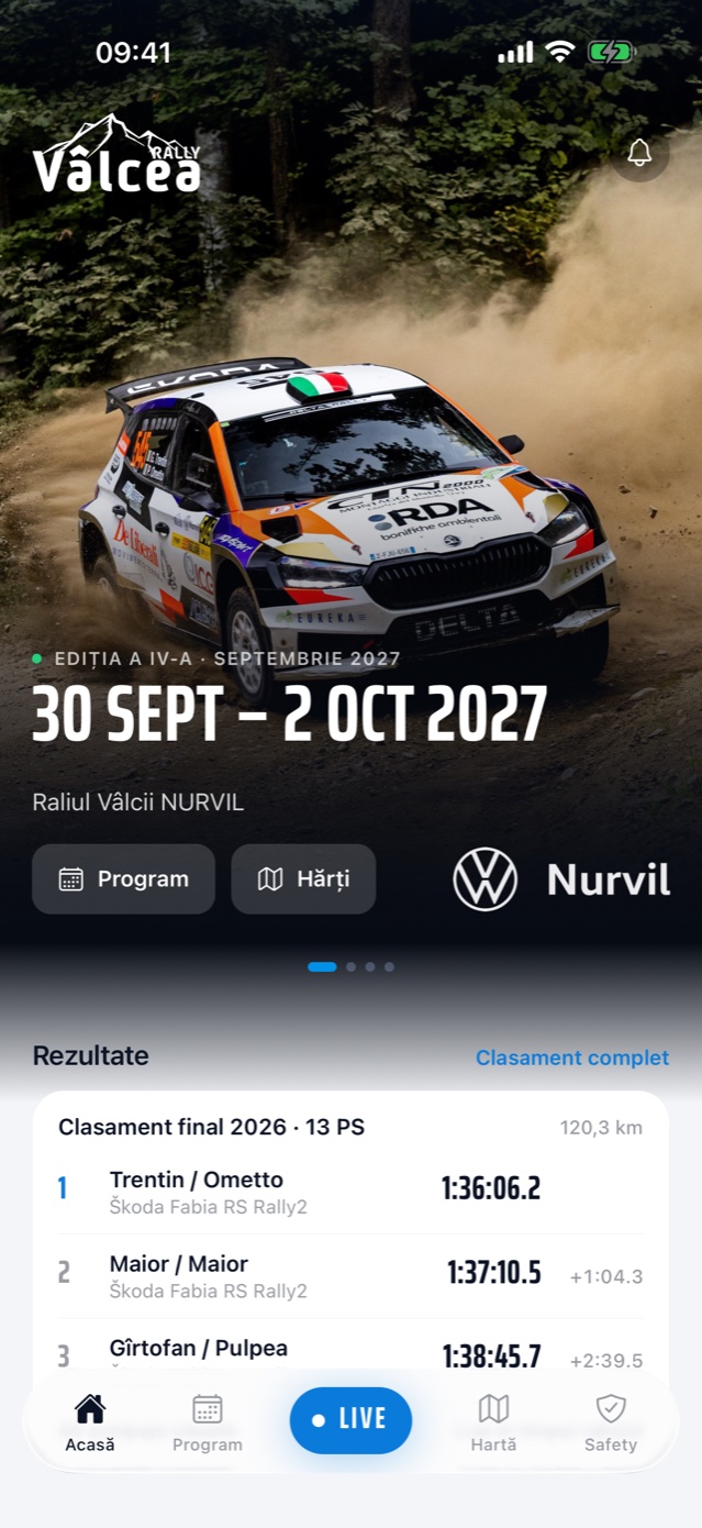 Ecranul principal al aplicației Raliul Vâlcii Nurvil, ediția a IV-a, 30 septembrie – 2 octombrie 2027