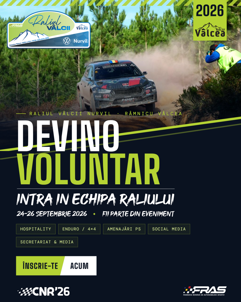 Afiș „Devino voluntar" – Raliul Vâlcii Nurvil 2026, 24–26 septembrie, Râmnicu Vâlcea